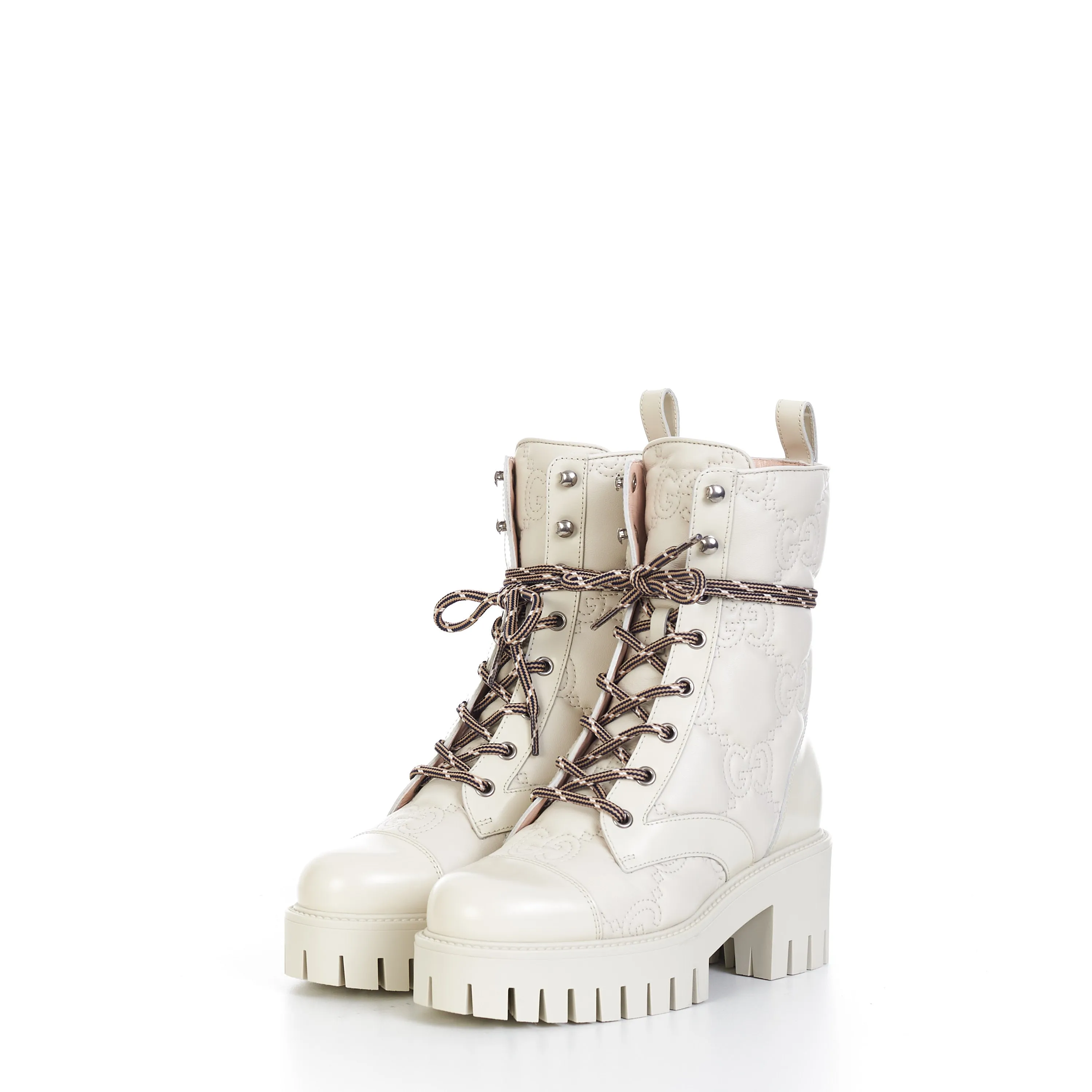 Women's GG Matelassé Lace-up Boot In Off White Leather