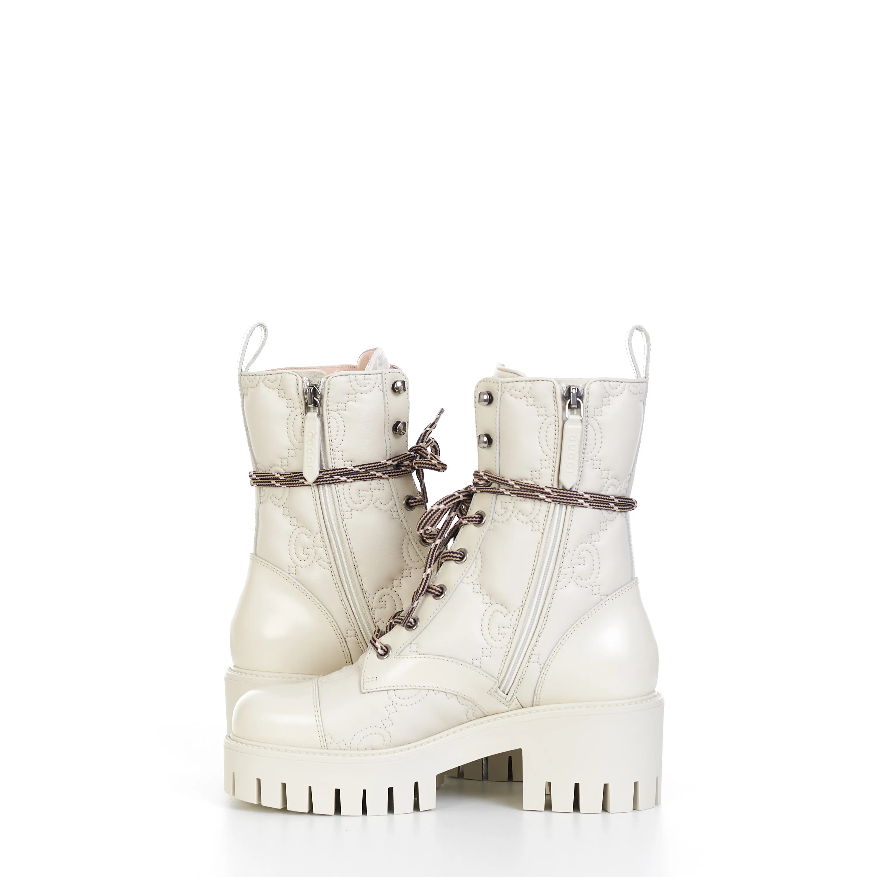 Women's GG Matelassé Lace-up Boot In Off White Leather